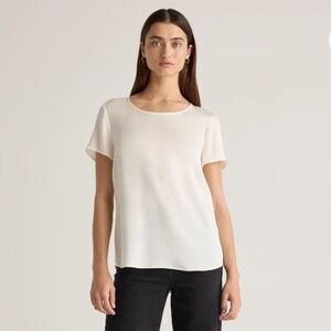 Quince Washable Stretch Silk Scoop Neck Short Sleeve Tee Blouse Ivory Large